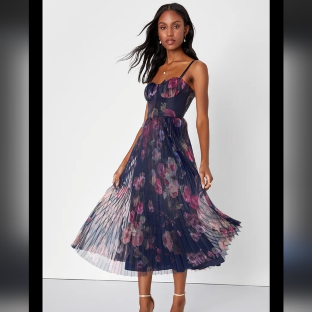 Lulu's Navy Floral Pleated Midi Dress with Pink & Purple Blooms
